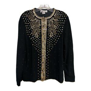 Nu Chic Beaded Lambswool Cardigan Sweater Black Gold Size 46